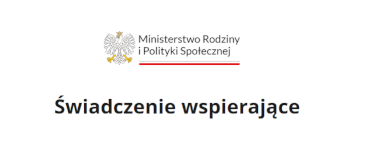 Logotyp Ministerstwa Rodziny i Polityki Społecznej (z godłem RP) pod spodem napis "Świadczenie wspierające"